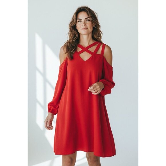 BCBGMAXAZRIA Red Cold Shoulder Dress Medium Holiday Party Strappy V Neck - Picture 2 of 6